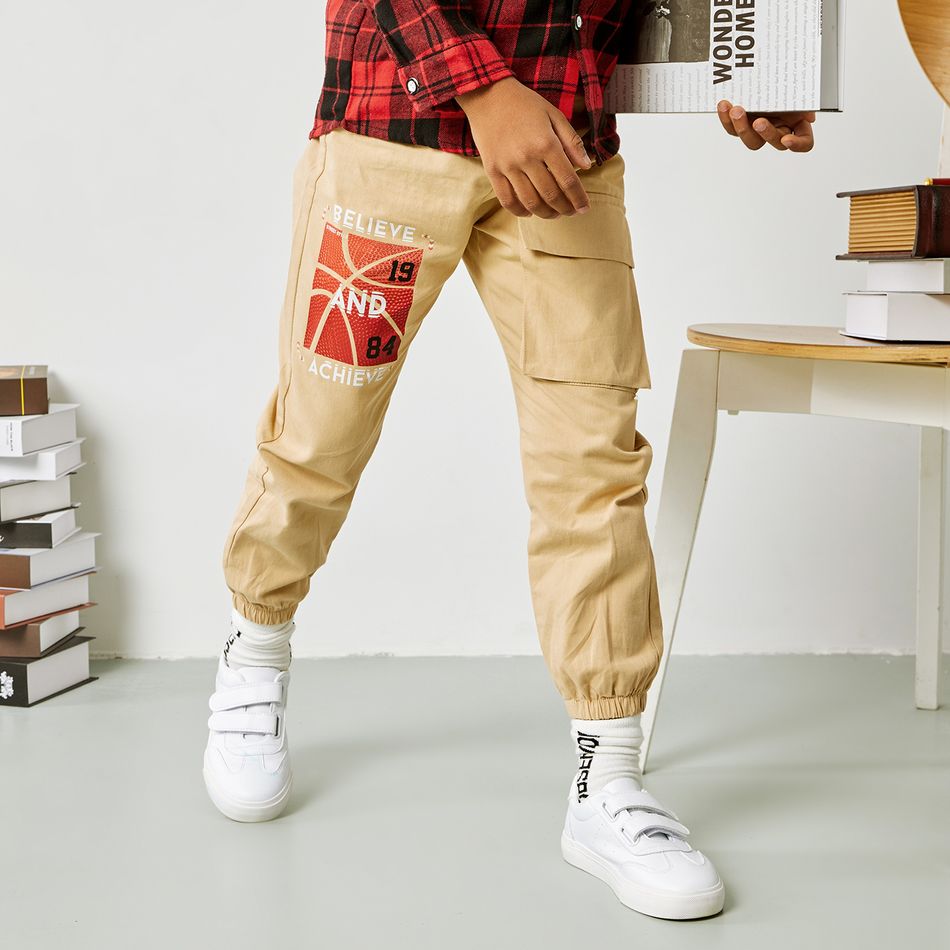 Kid Boy 100% Cotton Letter Basketball Print Streetwear (Multi Color Available) Cargo Pants with Pocket Beige