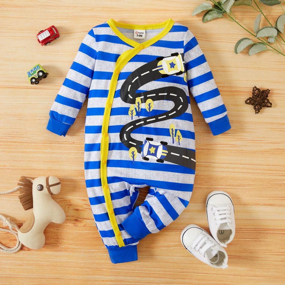 Baby Boy Blue Colorblock Print Long-sleeve Jumpsuit Playsuit Multi-color