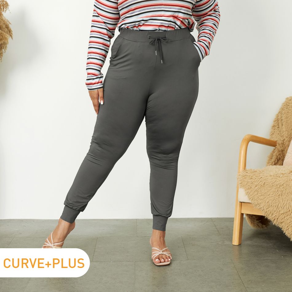 Women Plus Size Sporty Drawstring Skinny Pants Dark Grey