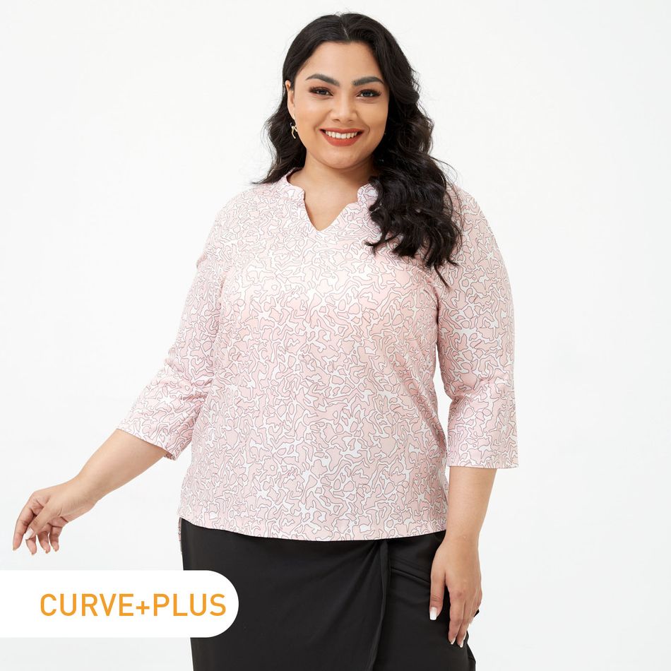 Women Plus Size Elegant V Neck Allover Print Side Slit Blouse Light Red