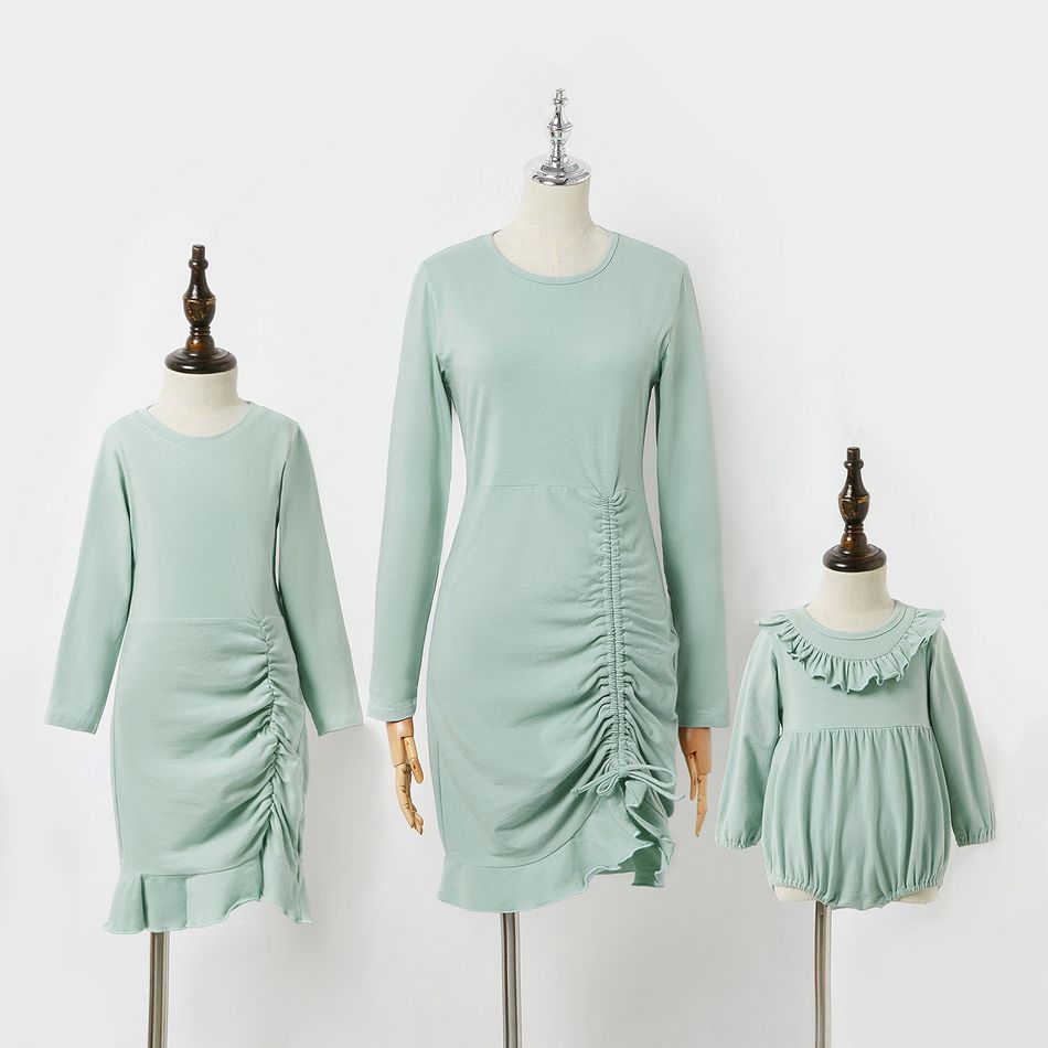 Light Green Drawstring Design Cotton Long-sleeve Midi Dresses Light Green