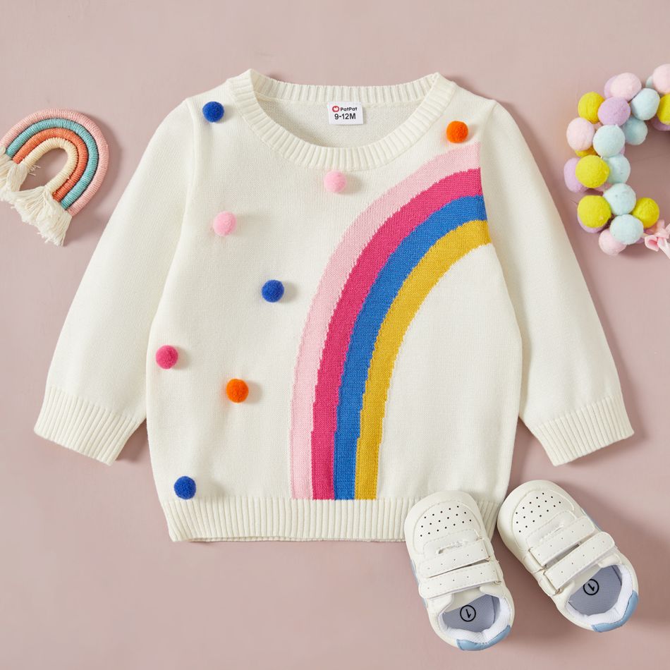 Baby Girl Rainbow Pattern Pom Poms White Long-sleeve Knitted Sweater Multi-color big image 1
