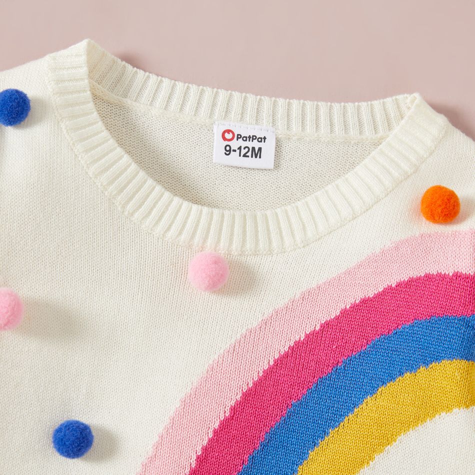 Baby Girl Rainbow Pattern Pom Poms White Long-sleeve Knitted Sweater Multi-color big image 2