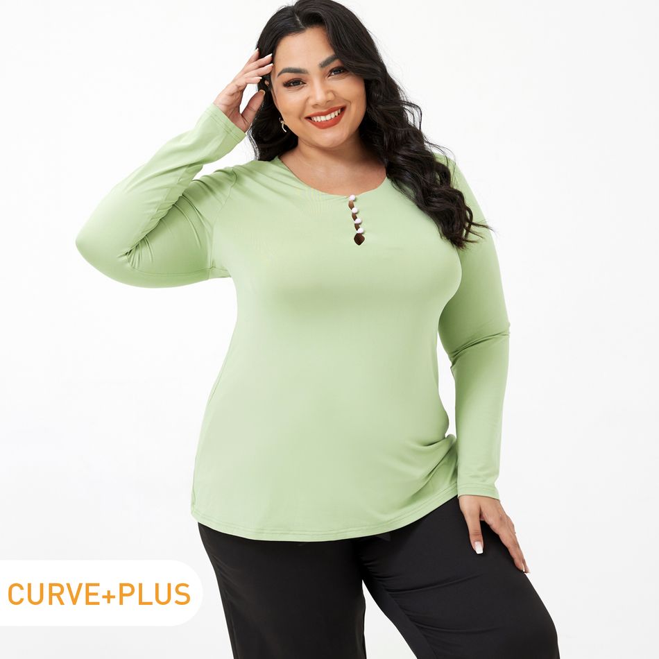Women Plus Size Elegant Round-collar Button Design Long-sleeve Tee Pale Green