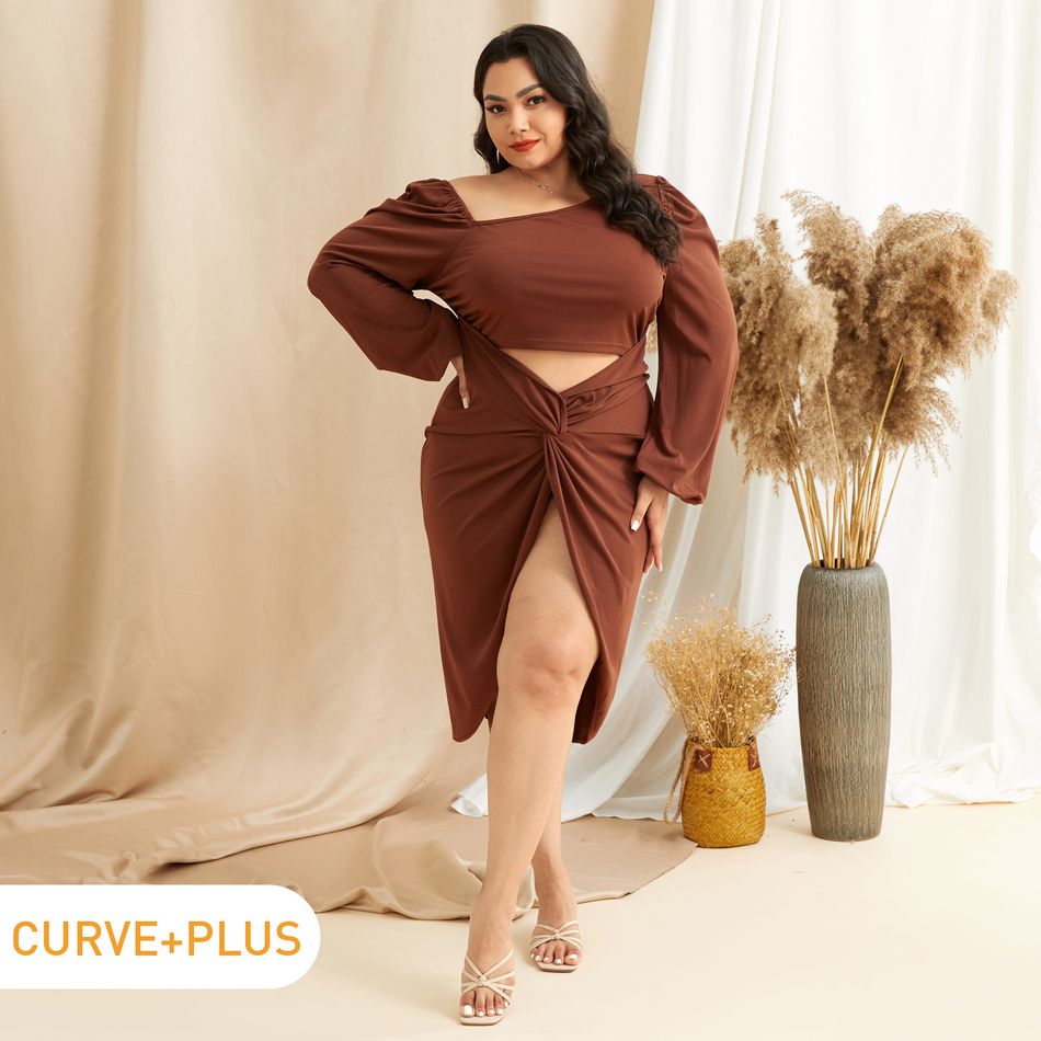 Women Plus Size Elegant Irregular Collar Twist Hollow out Front Long-sleeve Coffee Midi Bodycon Dress Coffee