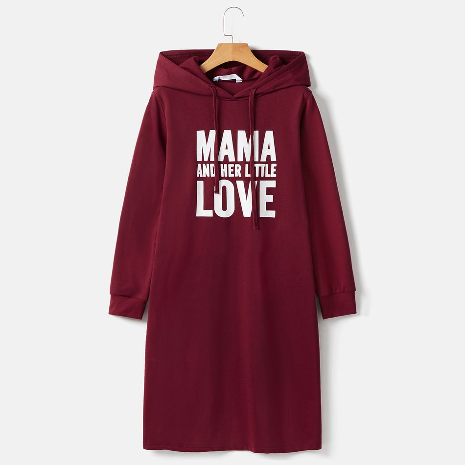 Letter Print Wine Red Long-sleeve Hooded Sweatshirt Dress for Mom and Me Burgundy big image 2
