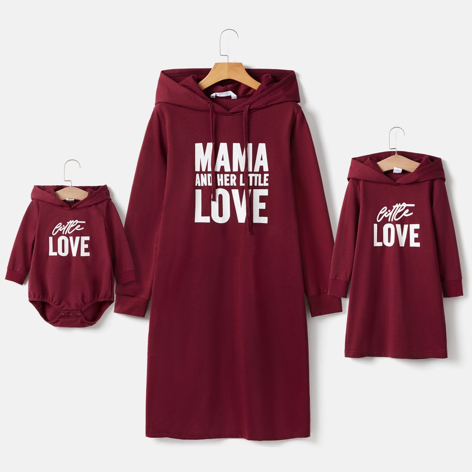 Letter Print Wine Red Long-sleeve Hooded Sweatshirt Dress for Mom and Me Burgundy