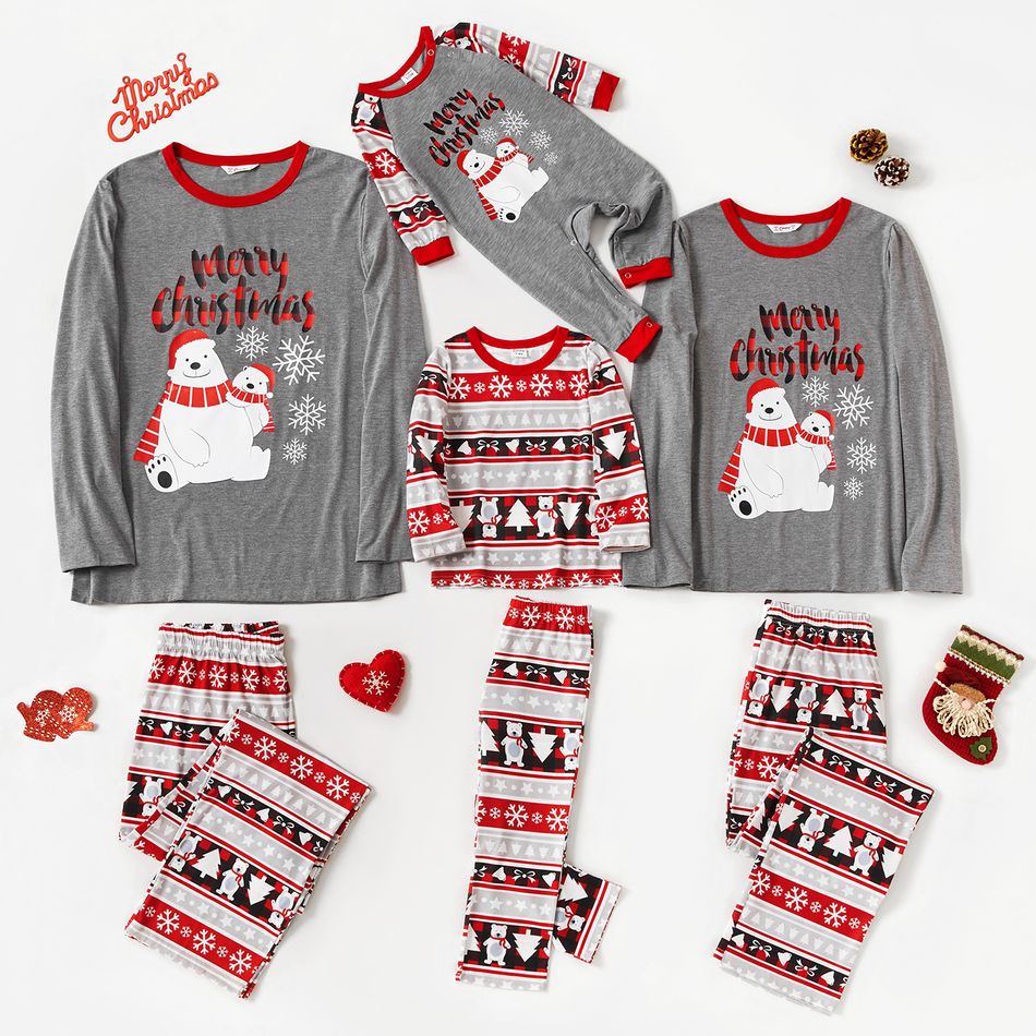 Christmas Polar Bear and Snowflake Print Family Matching Long-sleeve Pajamas Sets (Flame Resistant) Grey