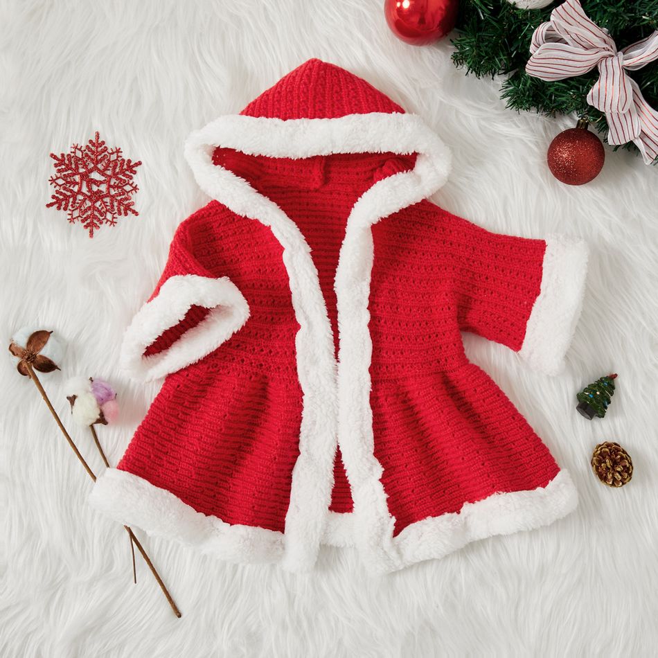 Christmas Baby Fuzzy Fleece Splicing Red Knitted 3/4 Sleeve Hooded Cardigan Outwear Red