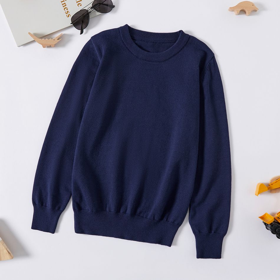 Kid Boy Round-collar Solid Knit Sweater Dark Blue