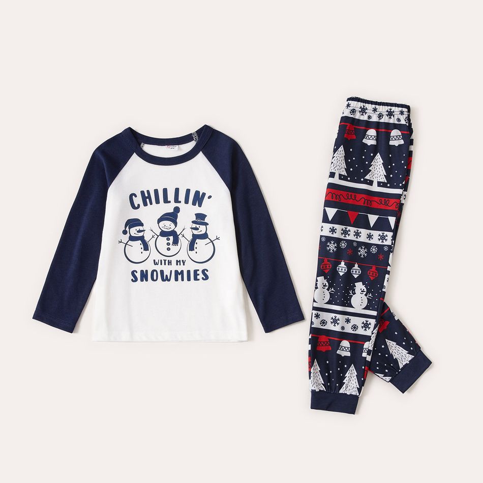 Christmas Snowman and Letter Print Family Matching Long-sleeve Crewneck Pajamas Sets (Flame Resistant) Dark Blue/white big image 7