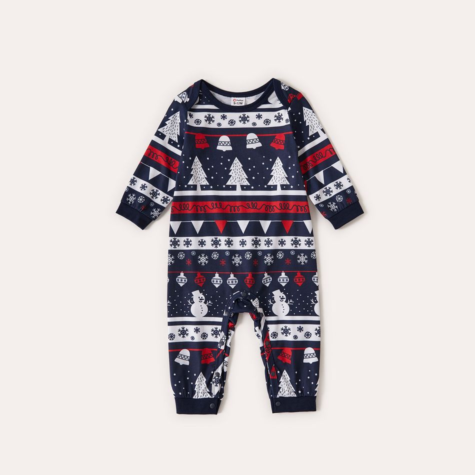 Christmas Snowman and Letter Print Family Matching Long-sleeve Crewneck Pajamas Sets (Flame Resistant) Dark Blue/white big image 9
