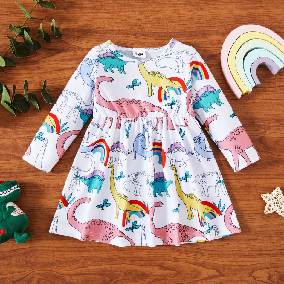 Baby Girl All Over Dinosaur and Rainbow Print Long-sleeve Dress Multi-color
