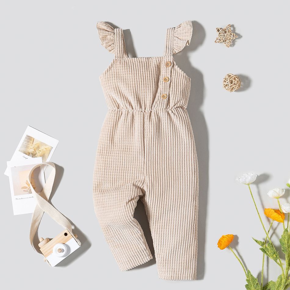 Baby Girl Solid Flutter Sleeve Jumpsuit Overalls Apricot big image 2