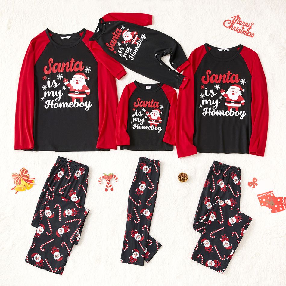 Christmas Santa and Letter Print Black Family Matching Long-sleeve Pajamas Sets (Flame Resistant) Black