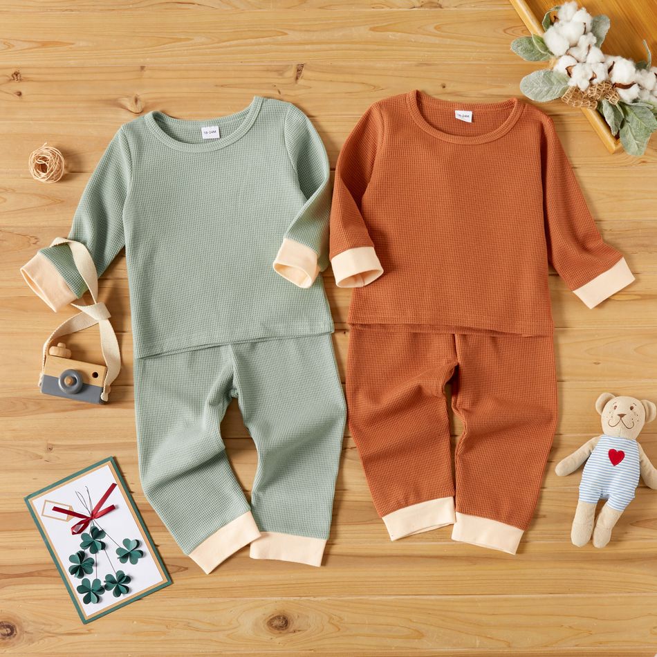 2-piece Toddler Girl/Boy Waffle Knit Long-sleeve Top and Elasticized Pants Casual Set Light Green big image 2