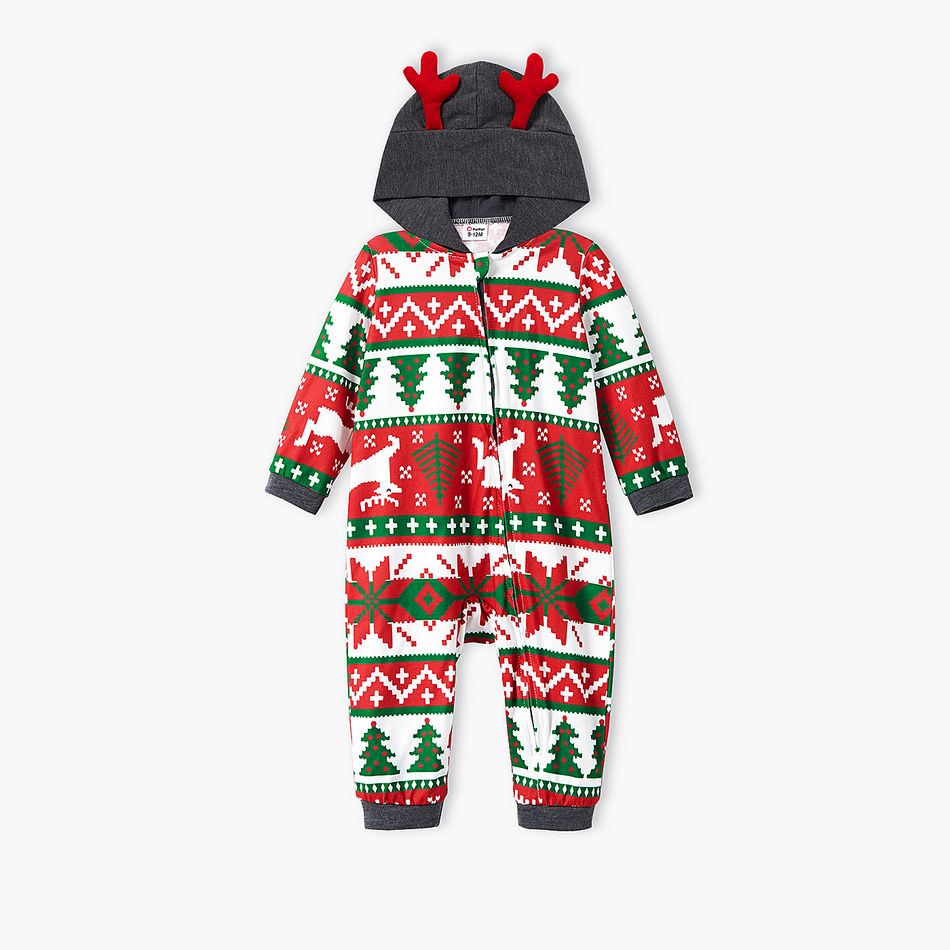 Family Matching Christmas All Over Print Red 3D Antlers Hooded Long-sleeve Onesies Pajamas Sets (Flame Resistant) Red big image 7