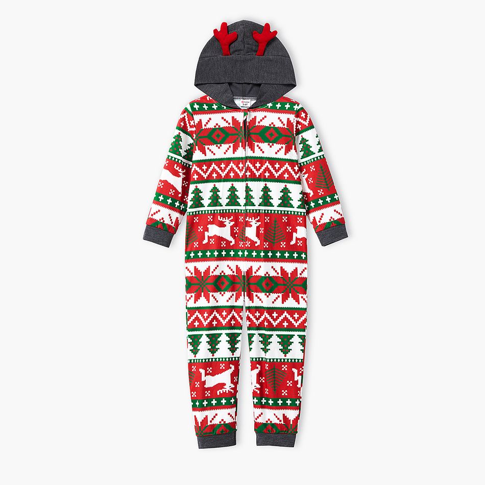 Family Matching Christmas All Over Print Red 3D Antlers Hooded Long-sleeve Onesies Pajamas Sets (Flame Resistant) Red big image 6
