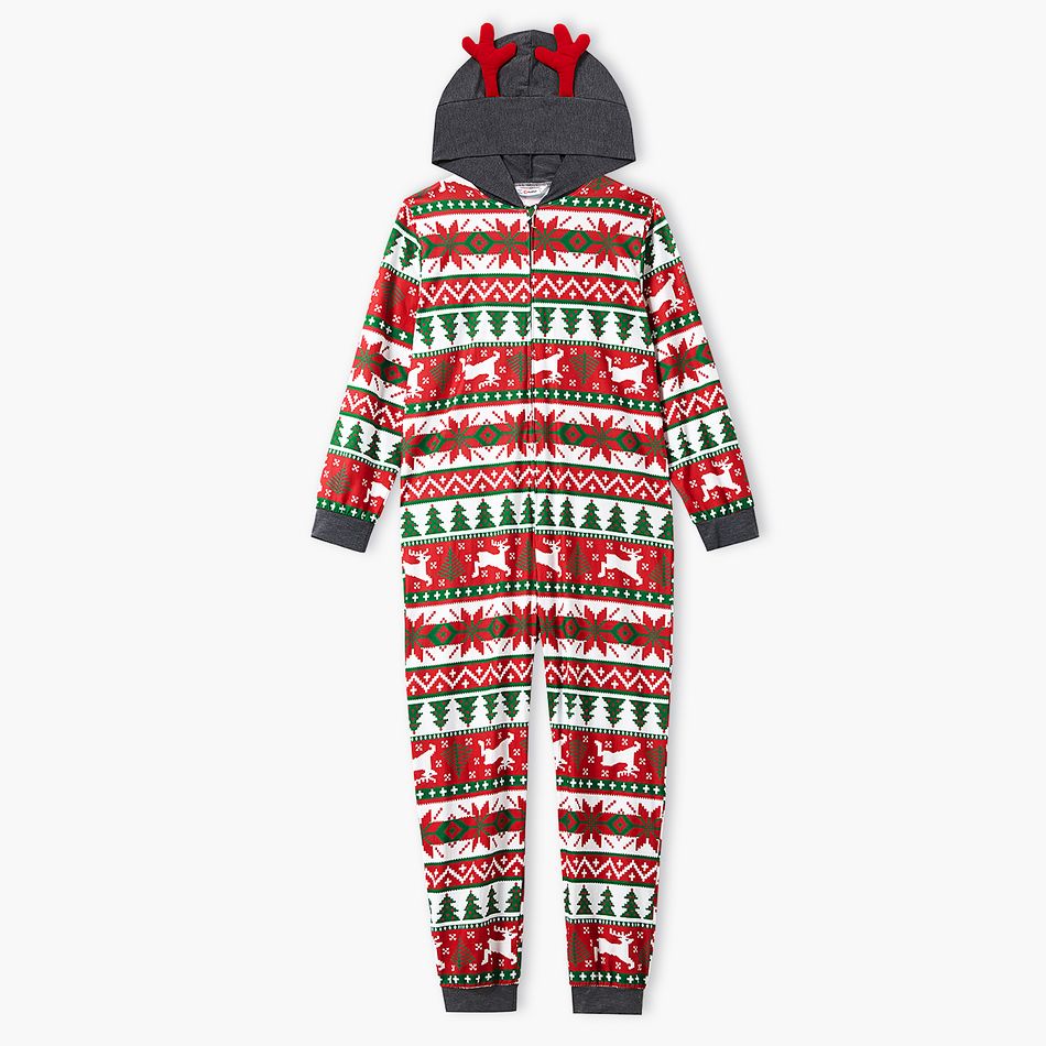 Family Matching Christmas All Over Print Red 3D Antlers Hooded Long-sleeve Onesies Pajamas Sets (Flame Resistant) Red big image 2