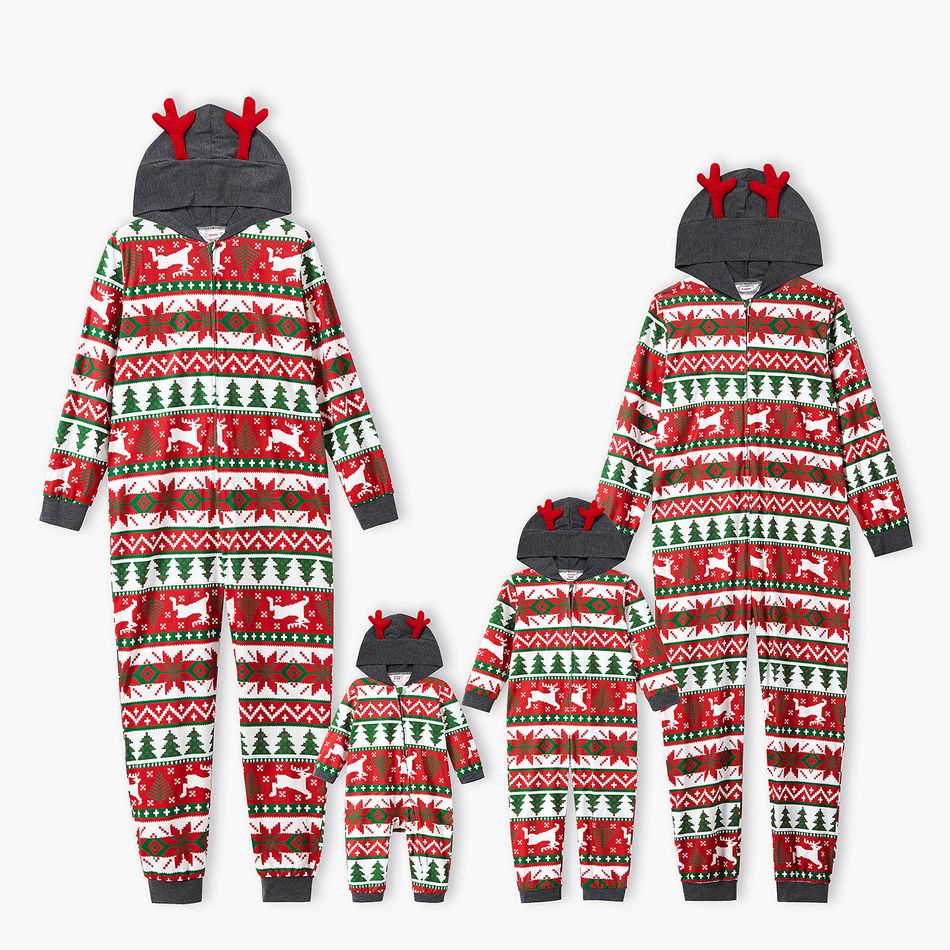 Family Matching Christmas All Over Print Red 3D Antlers Hooded Long-sleeve Jumpsuits Pajamas Sets (Flame Resistant) Red