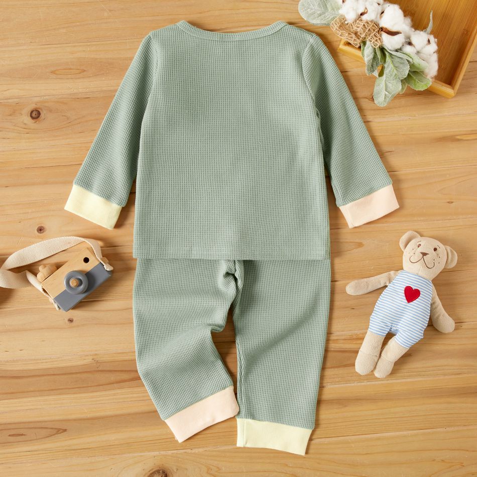 2-piece Toddler Girl/Boy Waffle Knit Long-sleeve Top and Elasticized Pants Casual Set Light Green big image 3