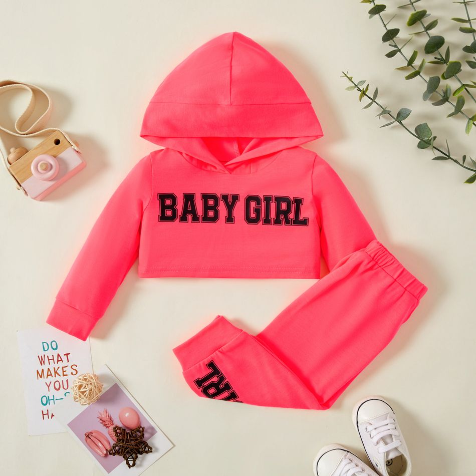 2pcs Baby Girl Letter Print Solid Long-sleeve Hooded Crop Top and Pants Set Dark Pink