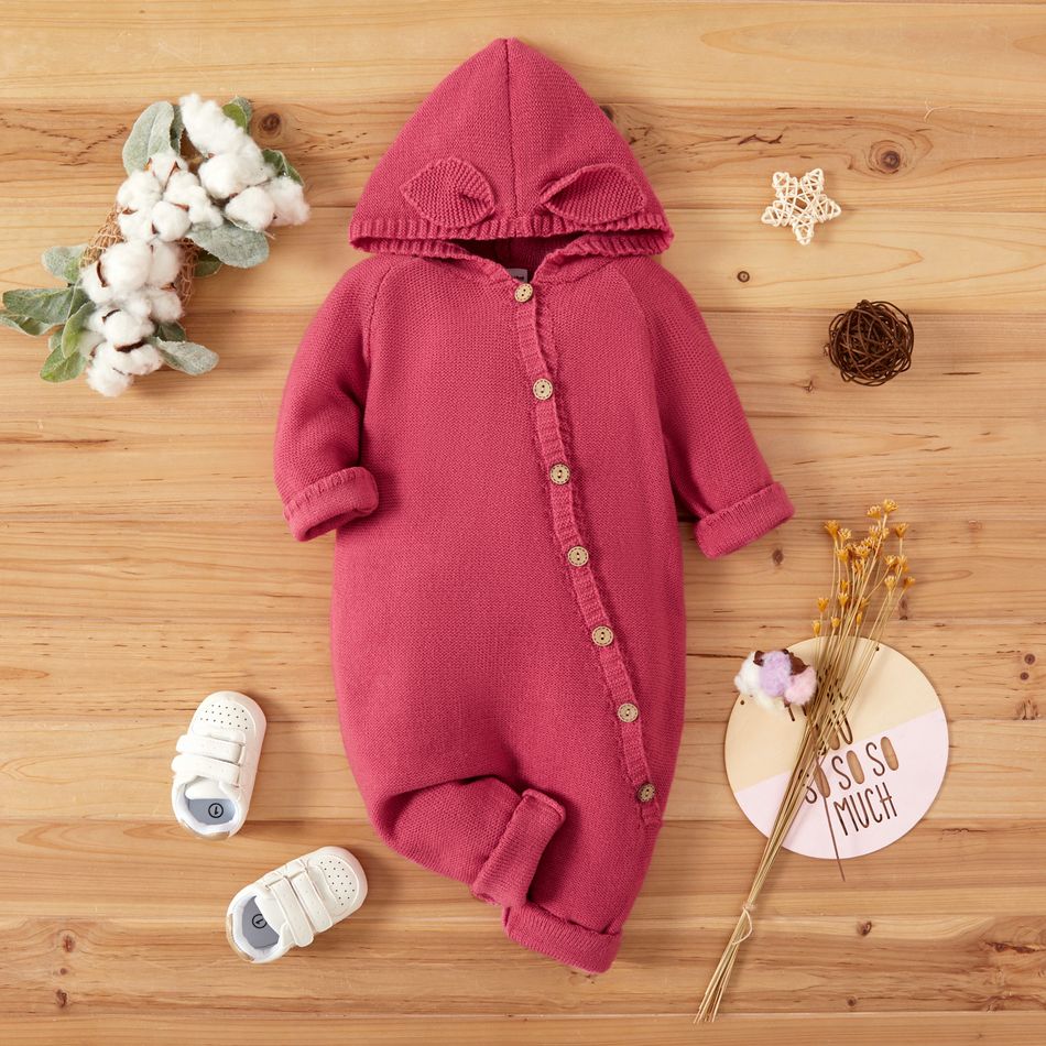 Baby Girl Pink 3D Ears Hooded Long-sleeve Knitted Jumpsuit Pink