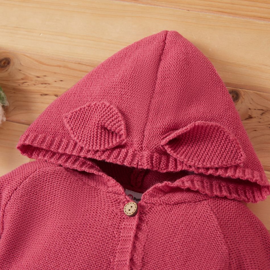 Baby Girl Pink 3D Ears Hooded Long-sleeve Knitted Jumpsuit Pink big image 2