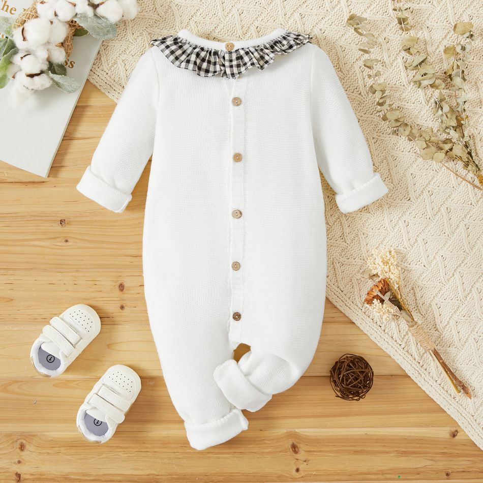 Baby Girl Ruffle Collar Solid Long-sleeve Knitted Jumpsuit White