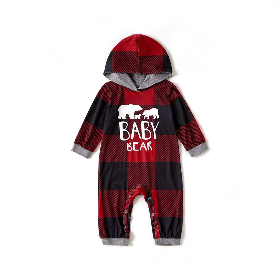 Christmas Letters and Polar Bear Print Red Plaid Family Matching Long-sleeve Hooded Pajamas Sets (Flame Resistant) Red big image 11