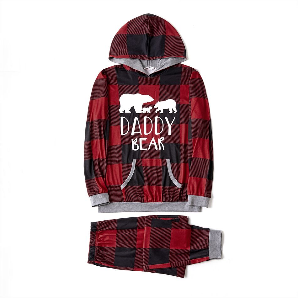 Christmas Letters and Polar Bear Print Red Plaid Family Matching Long-sleeve Hooded Pajamas Sets (Flame Resistant) Red big image 2