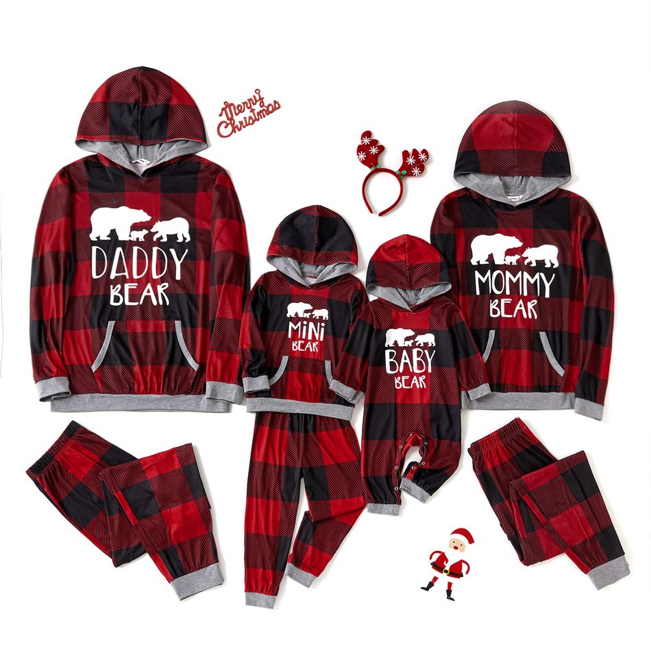 Christmas Letters and Polar Bear Print Red Plaid Family Matching Long-sleeve Hooded Pajamas Sets (Flame Resistant) Red
