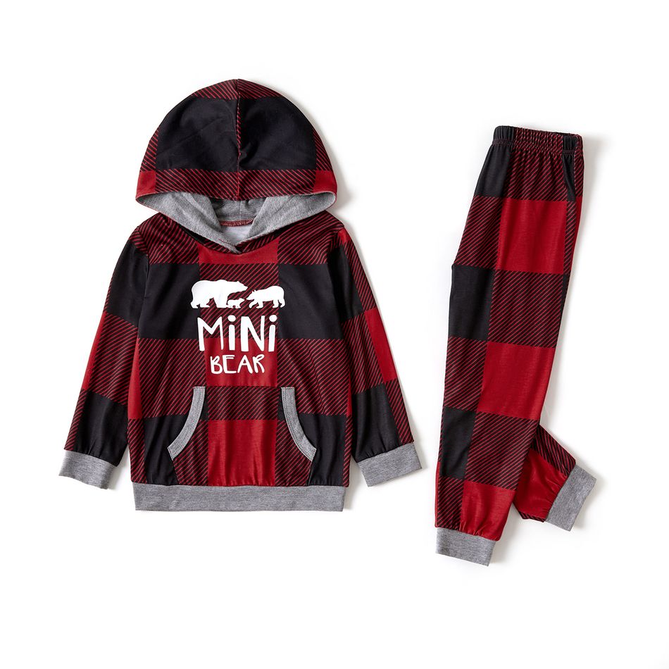 Christmas Letters and Polar Bear Print Red Plaid Family Matching Long-sleeve Hooded Pajamas Sets (Flame Resistant) Red big image 8