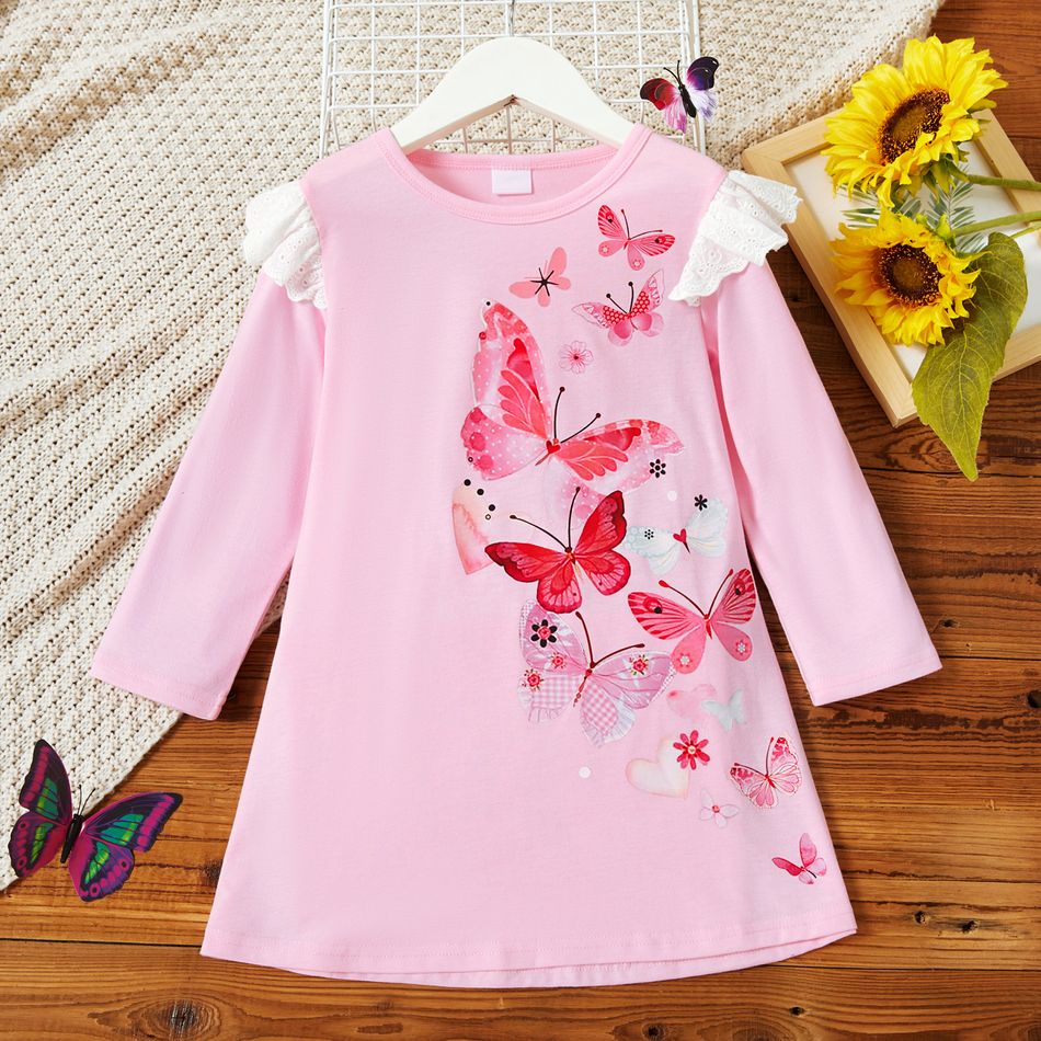 Toddler Girl Schiffy Ruffled Butterfly Print Long-sleeve Pink Dress Pink