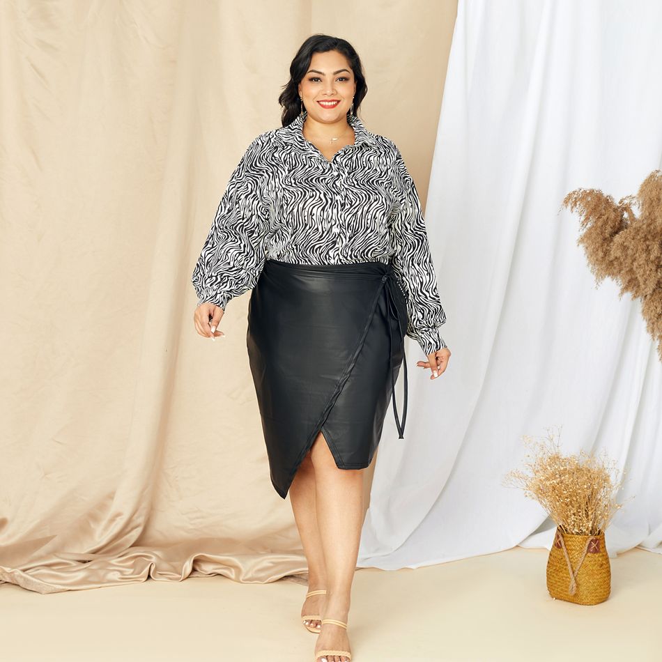 Women Plus Size Sexy Metallic Black Tie Side Wrap Leather Skirt Black