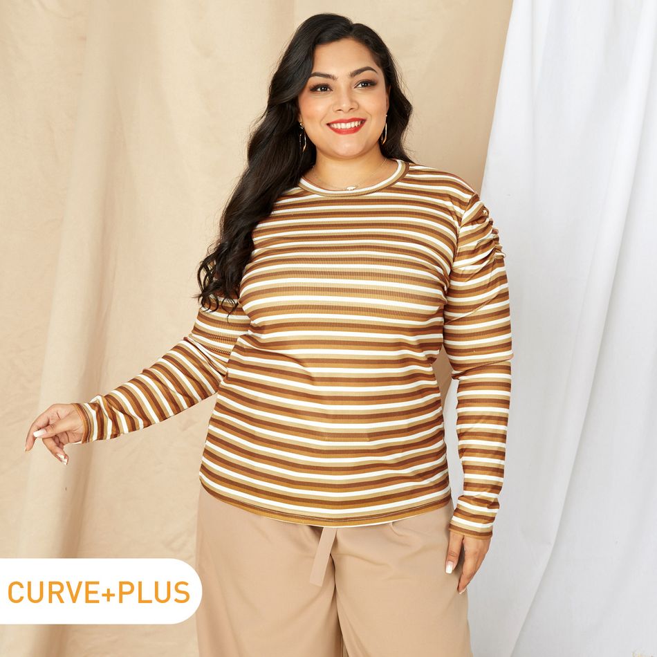 Women Plus Size Casual Stripe Ruched Long-sleeve Tee Coffee