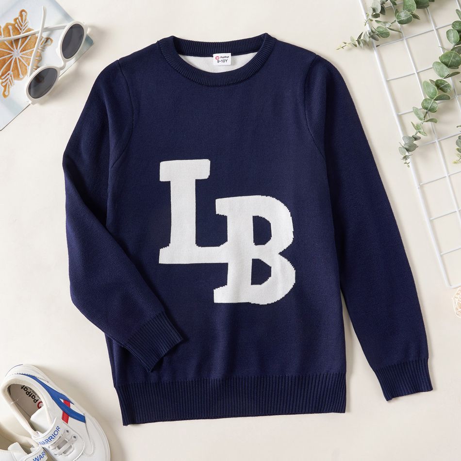 Kid Boy Letter Print Casual Knit Sweater Navy