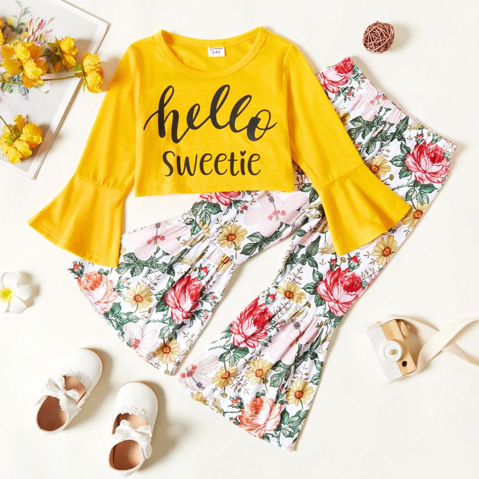 2-piece Toddler Girl Letter Print Bell sleeves Tee and Floral Print Flared Pants Set Ginger