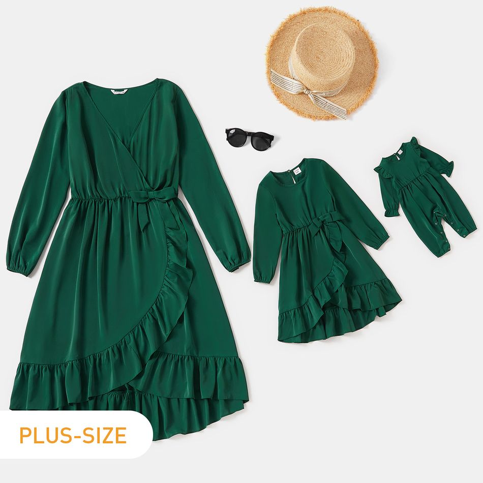 Green Ruffle Bowknot Long-sleeve Midi Flowy Dress for Mom and Me Dark Green