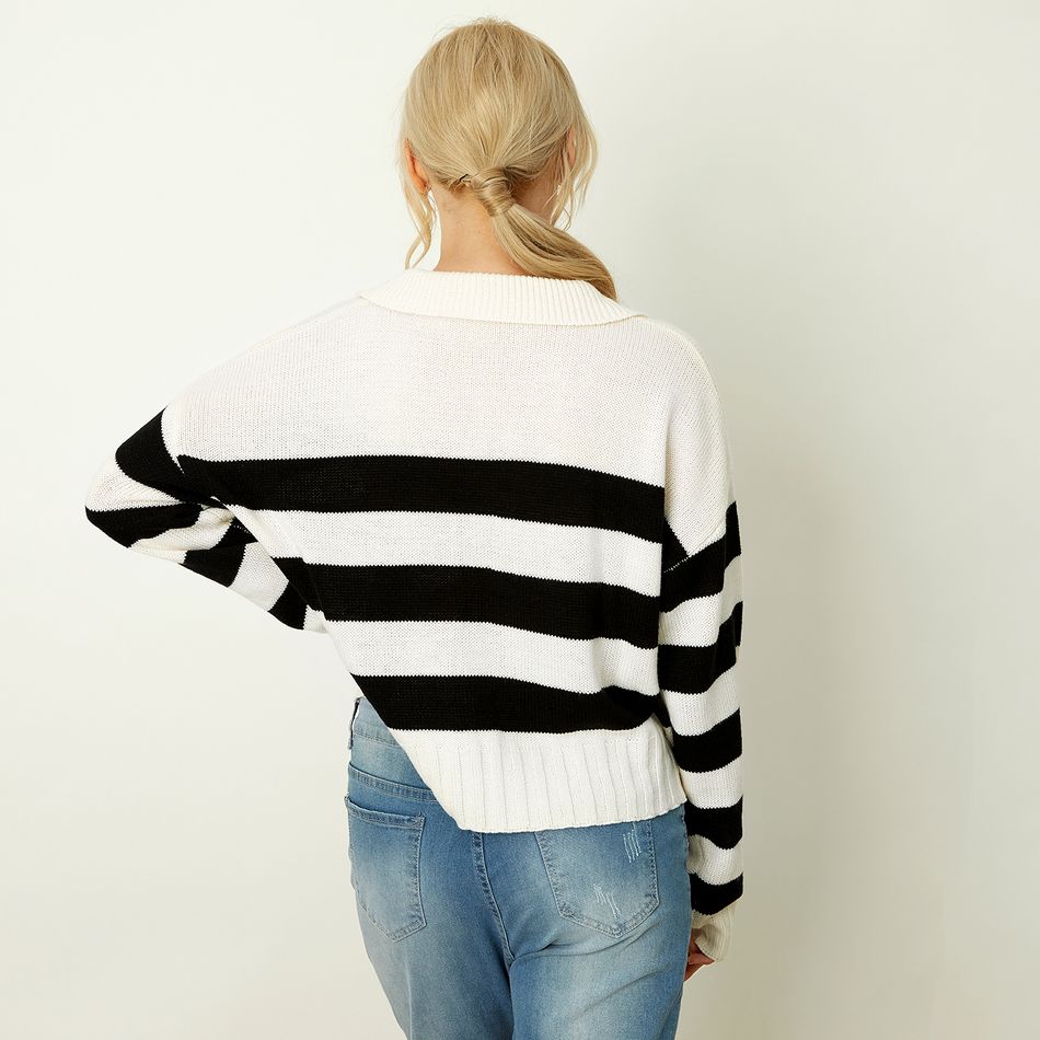 Suéter de malha de manga comprida com listras pretas e brancas com gola de lapela Preto/Branco big image 4