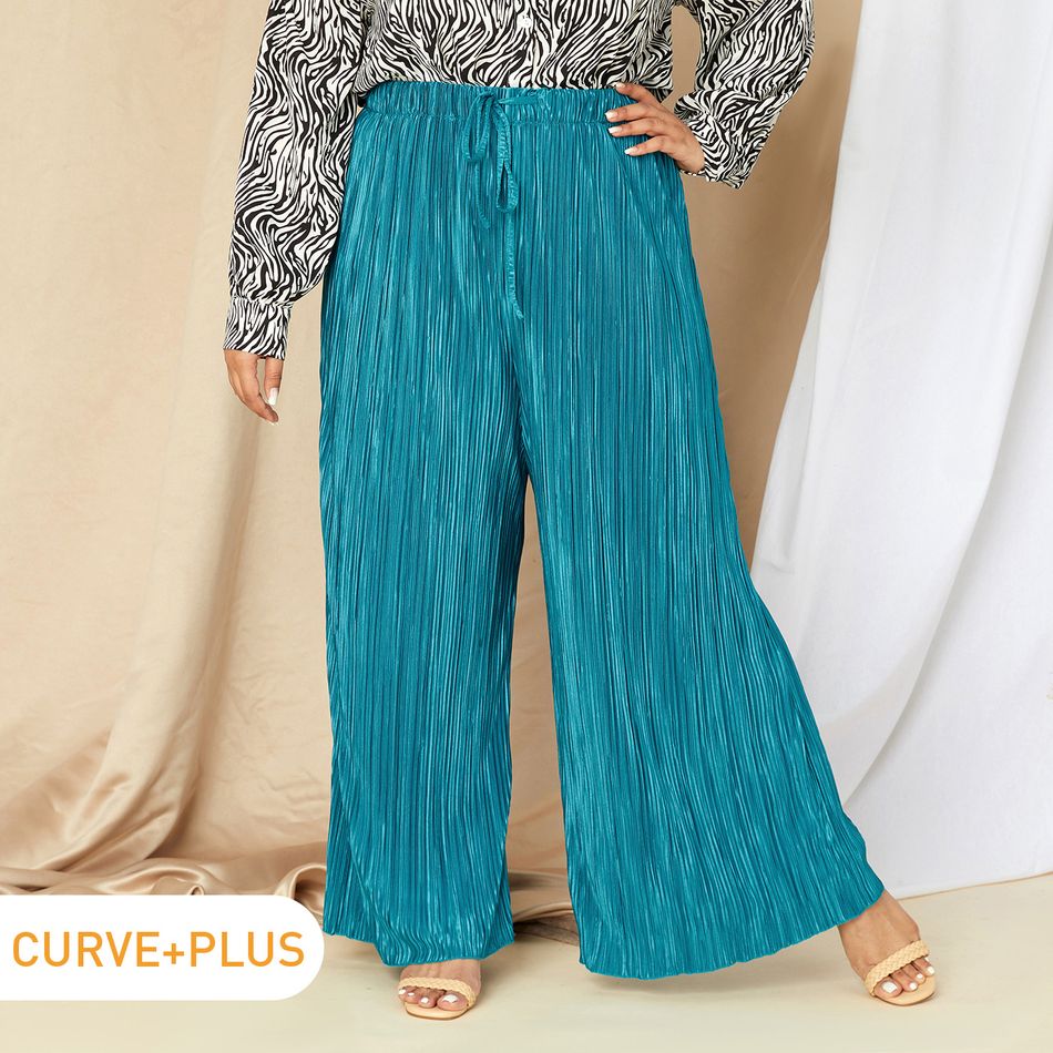Women Plus Size Elegant Drawstring Wide Leg Pants Turquoise