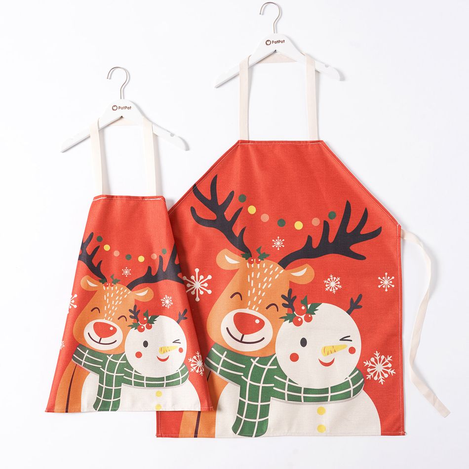 Christmas Deer and Snowman Print Red Apron for Mom and Me Red big image 2