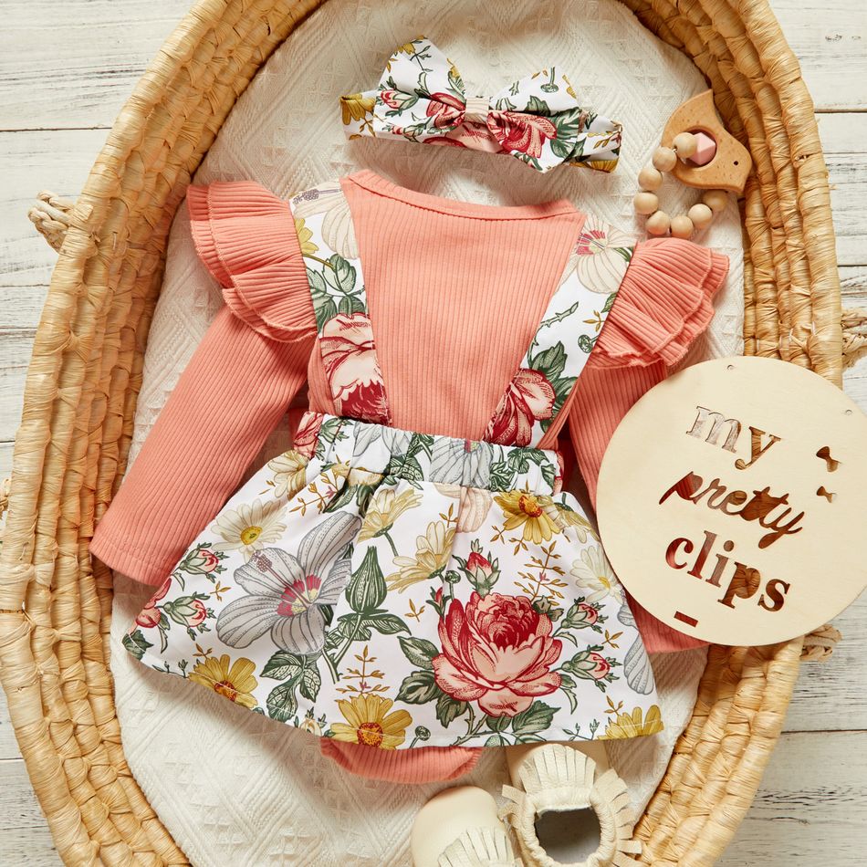 2pcs Baby Floral Print Ribbed Ruffle Long-sleeve Faux-two Romper Dress Set Pink big image 2