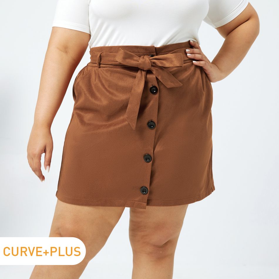 Women Plus Size Elegant Button Design Belted Suede Skirt Brown
