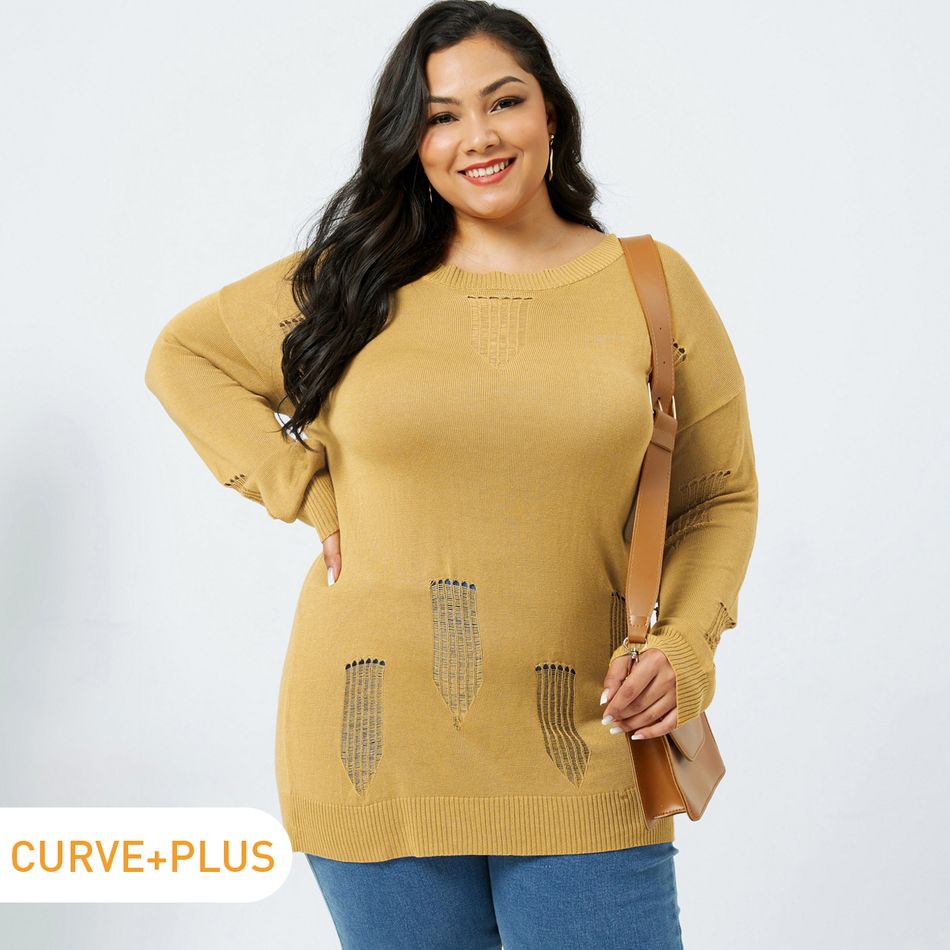Women Plus Size Casual Drop Shoulder Ripped Sweater Khaki