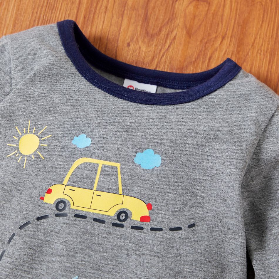 Baby Boy Striped/Cartoon Car Print Colorblock Long-sleeve Jumpsuit Grey big image 3