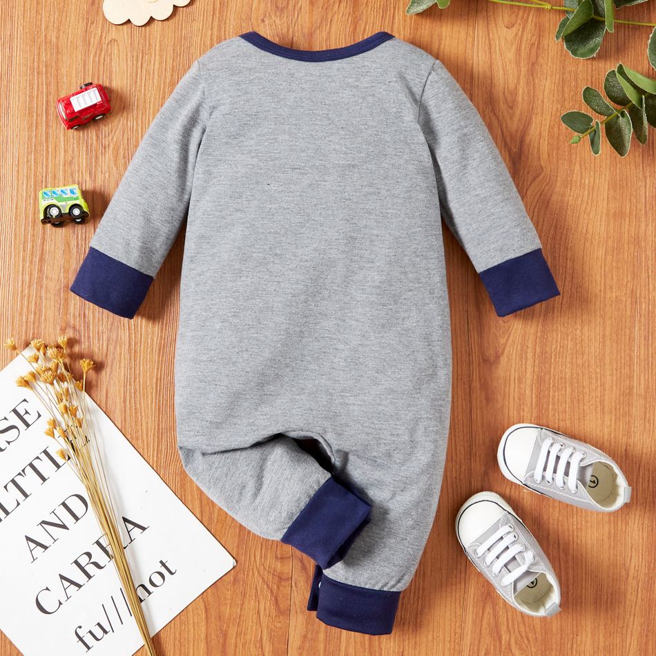 Baby Boy Striped/Cartoon Car Print Colorblock Long-sleeve Jumpsuit Grey big image 2