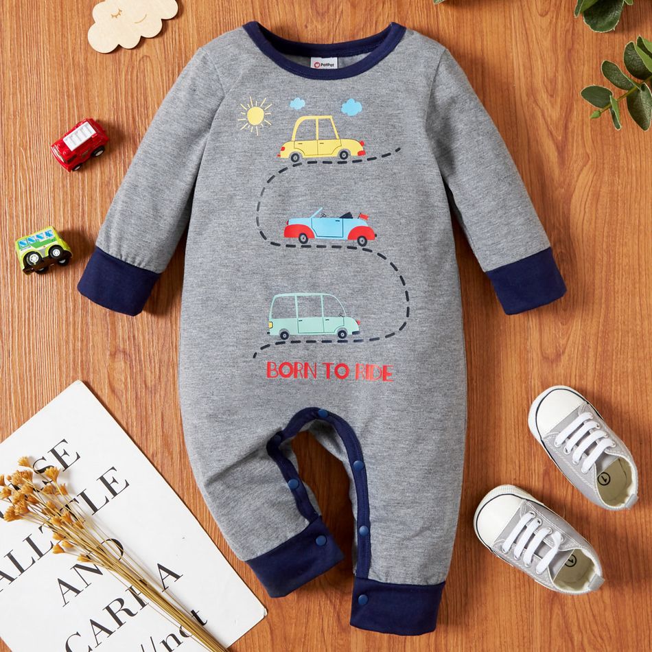Baby Boy Striped/Cartoon Car Print Colorblock Long-sleeve Jumpsuit Grey