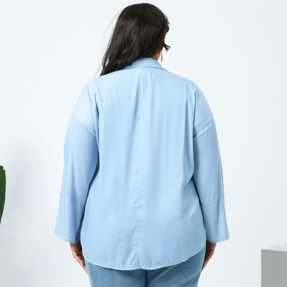 Women Plus Size Casual Lapel Collar Long-sleeve Denim Blouse Light Blue big image 5