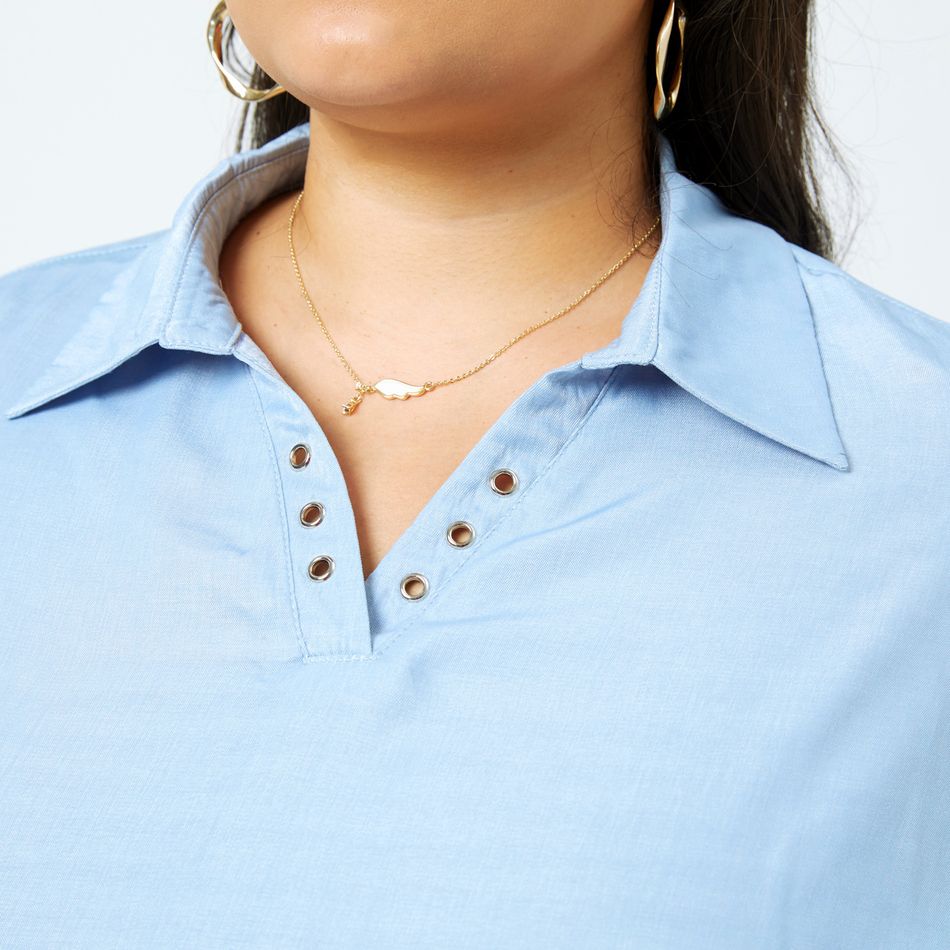 Women Plus Size Casual Lapel Collar Long-sleeve Denim Blouse Light Blue